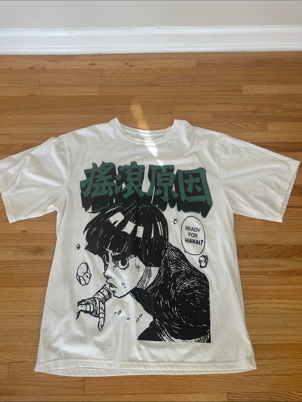 White Graphic Anime Tee with Teal Kanji Accent